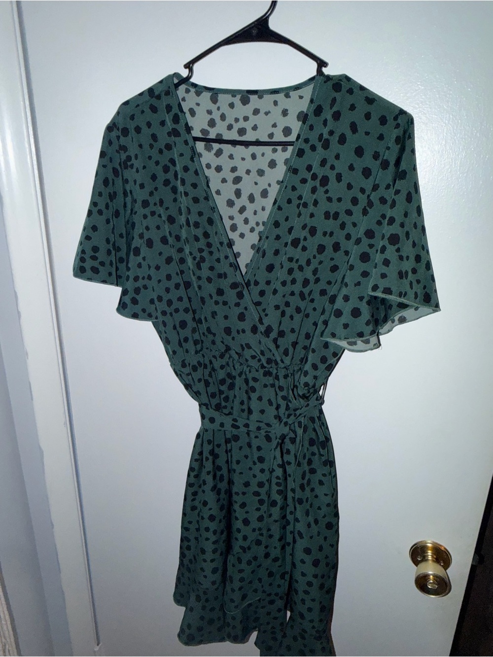 Flutter Sleeve Green Polka Dot Wrap Dress
